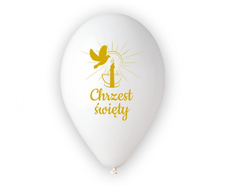 Białe balony lateksowe Gemar na Chrzest Święty (13 cali) ze złotym nadrukiem "Chrzest Święty" i świecą, idealne do helu na chrzciny w Tychach.