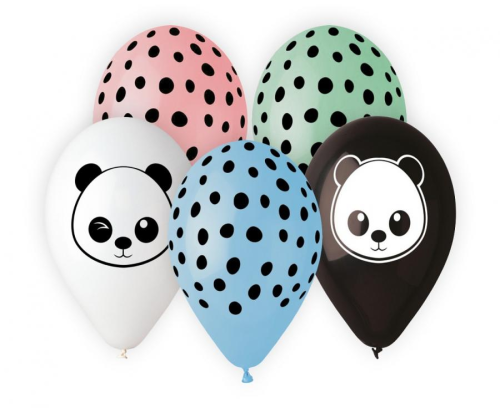 Czarno-białe balony lateksowe Gemar z Pandą (13 cali) w mixie kolorów, idealne do helu na urodziny dziecka i przyjęcia tematyczne w Tychach.
