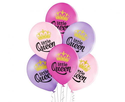 Pastelowe balony lateksowe Belbal "LITTLE QUEEN" (12 cali) w mixie kolorów, z nadrukami korony, idealne do helu na urodziny dziewczynki i królewskie przyjęcia w Tychach.