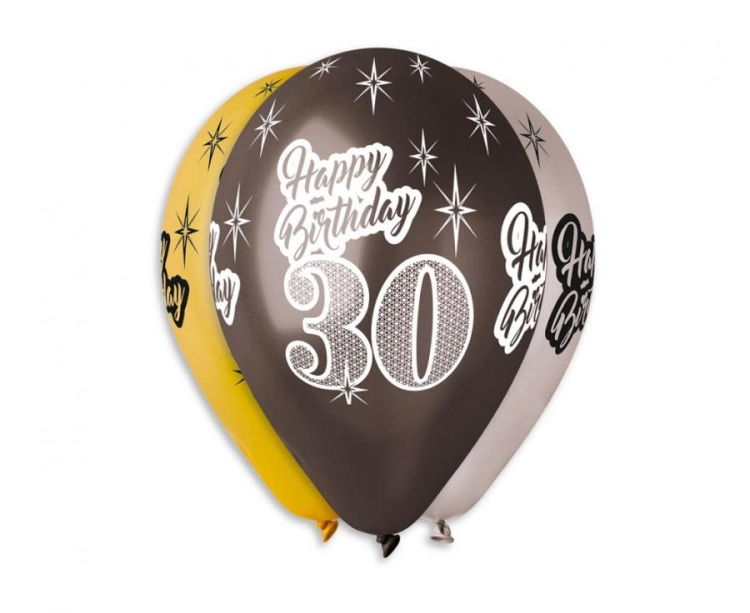 Metaliczne balony lateksowe Gemar "30 HAPPY BIRTHDAY" (12 cali) w mixie złotych, srebrnych i czarnych, idealne do helu na elegancki jubileusz w Tychach.