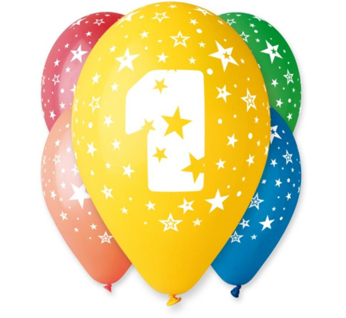 Wielokolorowe pastelowe balony lateksowe Gemar "Cyfra 1" (12 cali) z białymi gwiazdkami, idealne do helu na Roczek i pierwsze urodziny dziecka w Tychach.