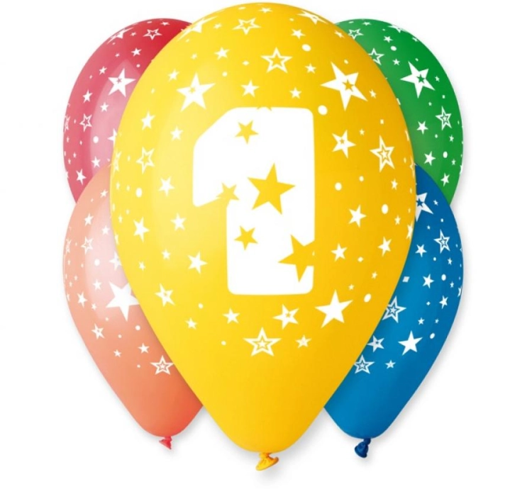 Wielokolorowe pastelowe balony lateksowe Gemar "Cyfra 1" (12 cali) z białymi gwiazdkami, idealne do helu na Roczek i pierwsze urodziny dziecka w Tychach.