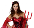 Czerwony strój Grzesznej Diablicy (rozmiar S) z sukienką i rogami, producent Godan, idealny na Halloween i karnawał w Tychach.