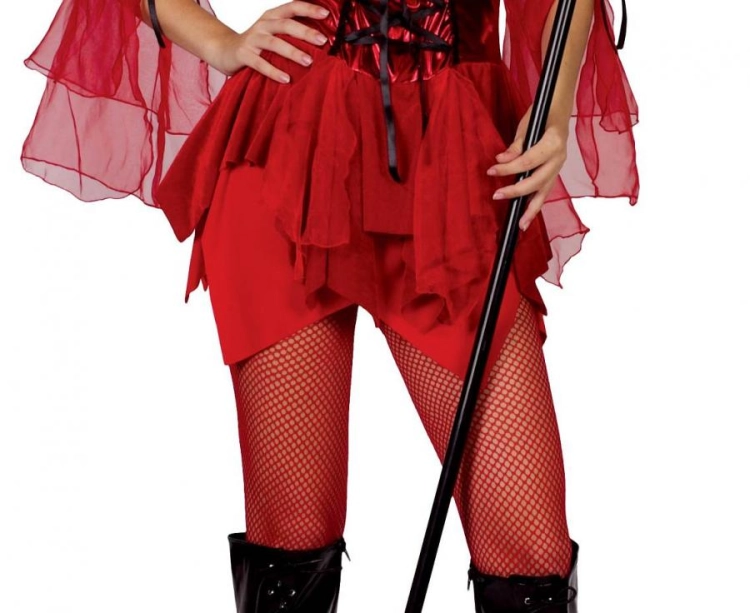 Czerwony strój Grzesznej Diablicy (rozmiar S) z sukienką i rogami, producent Godan, idealny na Halloween i karnawał w Tychach.