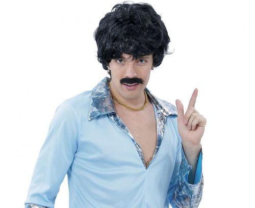 Niebieski strój Disco Lata 70' (rozmiar 56) z bluzką, spodniami i paskiem, producent Godan, idealny na karnawał i imprezę retro w Tychach.
