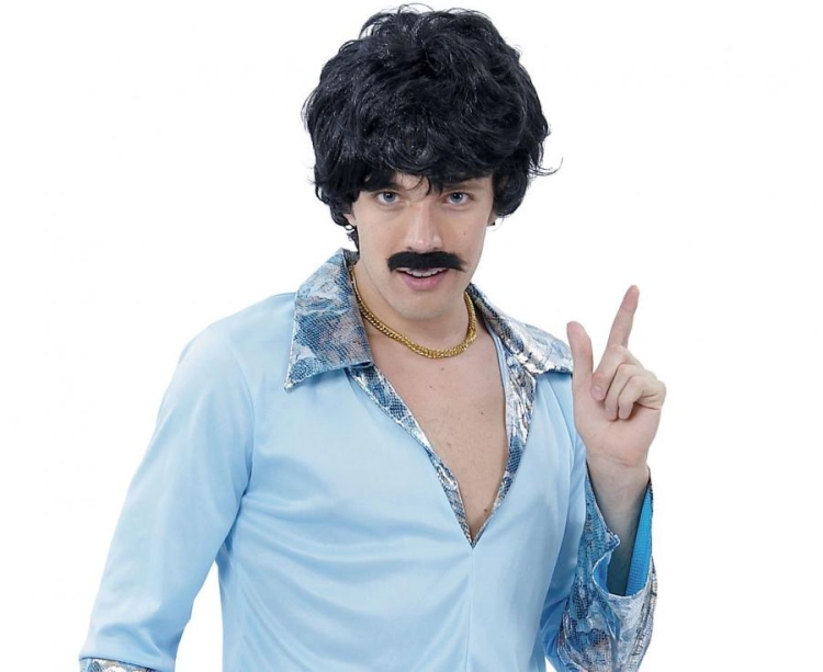 Niebieski strój Disco Lata 70' (rozmiar 56) z bluzką, spodniami i paskiem, producent Godan, idealny na karnawał i imprezę retro w Tychach.