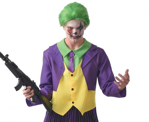 Różnokolorowy strój Szalonego Klauna (rozmiar 56) z marynarką, kamizelką, spodniami i krawatem, producent Godan, idealny na Halloween i karnawał w Tychach.