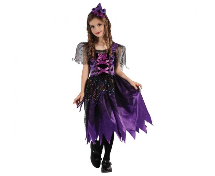 Magiczny fioletowy strój Czarownicy dla dziecka (rozmiar 130/140 cm) z sukienką i opaską z kapeluszem, producent Godan, idealny na Halloween i karnawał w Tychach.