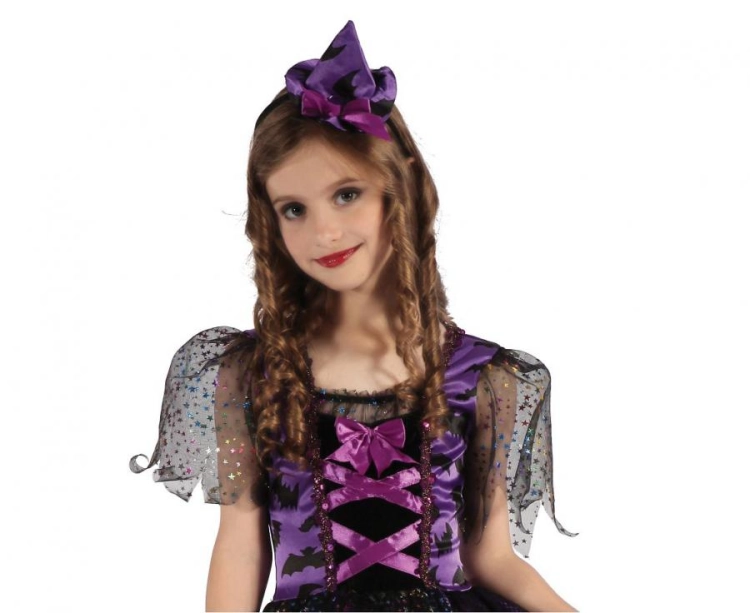 Magiczny fioletowy strój Czarownicy dla dziecka (rozmiar 130/140 cm) z sukienką i opaską z kapeluszem, producent Godan, idealny na Halloween i karnawał w Tychach.