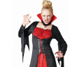 Elegancki strój Czerwonej Wampirzycy (rozmiar S) z czarno-czerwoną sukienką i efektownym kołnierzem, producent Godan, idealny na Halloween i bale w Tychach.