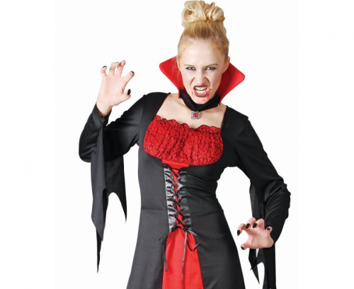 Elegancki strój Czerwonej Wampirzycy (rozmiar S) z czarno-czerwoną sukienką i efektownym kołnierzem, producent Godan, idealny na Halloween i bale w Tychach.