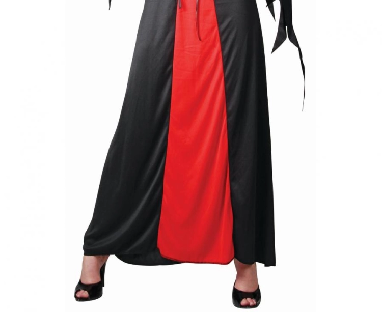 Elegancki strój Czerwonej Wampirzycy (rozmiar S) z czarno-czerwoną sukienką i efektownym kołnierzem, producent Godan, idealny na Halloween i bale w Tychach.