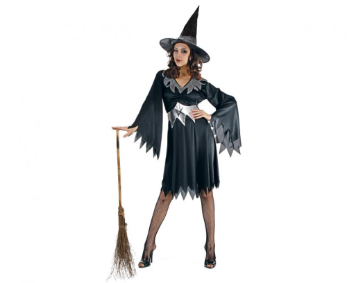 Elegancki strój Zmysłowej Czarownicy (rozmiar S) z czarno-srebrną sukienką, kapeluszem i paskiem, producent Godan, idealny na Halloween i bale w Tychach.