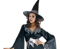 Elegancki strój Zmysłowej Czarownicy (rozmiar S) z czarno-srebrną sukienką, kapeluszem i paskiem, producent Godan, idealny na Halloween i bale w Tychach.