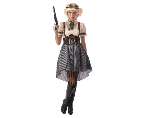 Oryginalny strój Steampunk (rozmiar S) z biało-czarną sukienką, naszyjnikiem i goglami, producent Godan, idealny na imprezy tematyczne i Halloween w Tychach.