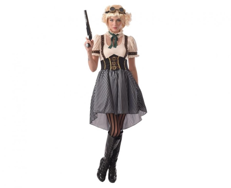 Oryginalny strój Steampunk (rozmiar S) z biało-czarną sukienką, naszyjnikiem i goglami, producent Godan, idealny na imprezy tematyczne i Halloween w Tychach.