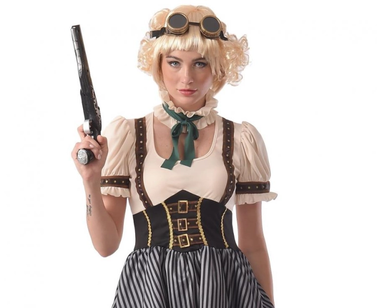 Oryginalny strój Steampunk (rozmiar S) z biało-czarną sukienką, naszyjnikiem i goglami, producent Godan, idealny na imprezy tematyczne i Halloween w Tychach.