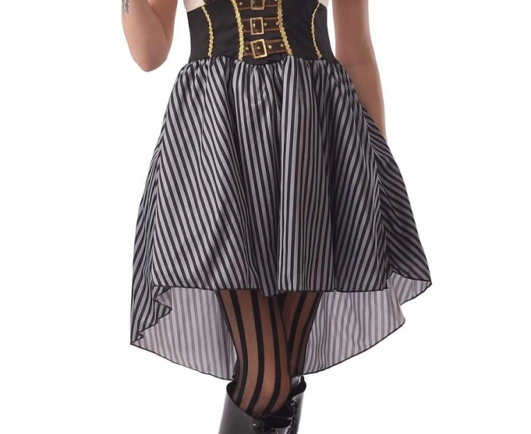 Oryginalny strój Steampunk (rozmiar S) z biało-czarną sukienką, naszyjnikiem i goglami, producent Godan, idealny na imprezy tematyczne i Halloween w Tychach.