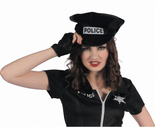 Zmysłowy strój Niegrzecznej Policjantki (rozmiar S) z czarną sukienką, kapeluszem, paskiem i rękawiczkami, producent Godan, idealny na Halloween i bale w Tychach.