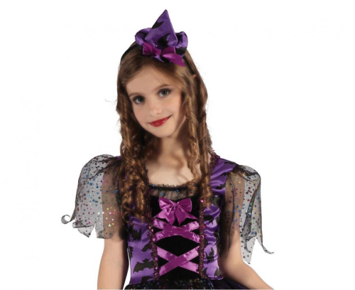 Czarujący strój Fioletowej Czarownicy dla dziecka (rozmiar 120/130 cm) z fioletową sukienką i magiczną opaską, producent Godan, idealny na Halloween i bale w Tychach.