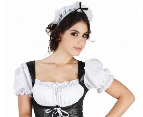Zmysłowy strój Niegrzecznej Pokojówki dla dorosłych (rozmiar S) z czarno-białą sukienką, fartuchem, halką i opaską, producent Godan, idealny na Halloween i bale w Tychach.