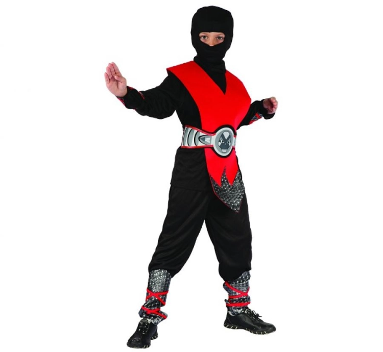 Dynamiczny strój Czerwonego Ninja dla dziecka (rozmiar 110/120 cm) z kapturem, ochraniaczem, pasem i ochraniaczami na ręce i nogi, producent Godan, idealny na Halloween i bale w Tychach.
