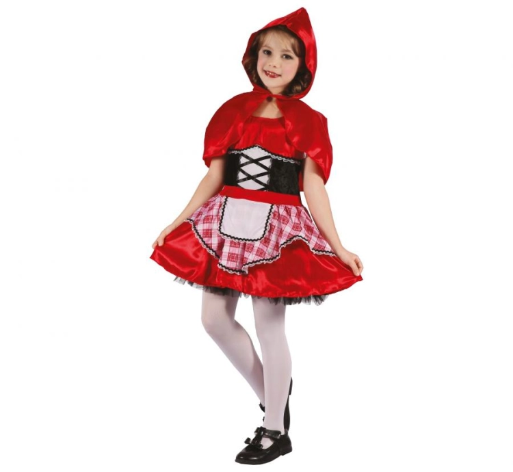 Uroczy strój Czerwonego Kapturka dla dziecka (rozmiar 130/140 cm) z czerwoną sukienką i kapturem z pelerynką, producent Godan, idealny na Halloween i bale w Tychach – dostępny również do wypożyczenia.