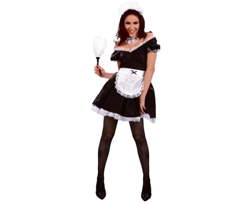 Elegancki zestaw Francuskiej Pokojówki dla dorosłych (rozmiar M) z sukienką, fartuszkiem, opaską i ozdobą na szyję, producent Godan, idealny na Halloween i bale w Tychach – dostępny również do wypożyczenia.