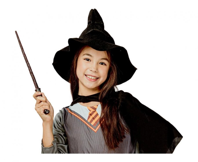 Uroczy zestaw Czarodziejki dla dziecka (rozmiar 130/140 cm) z koszulą, peleryną, spódnicą i kapeluszem, producent Godan, idealny na Halloween i bale w Tychach – dostępny również do wypożyczenia.