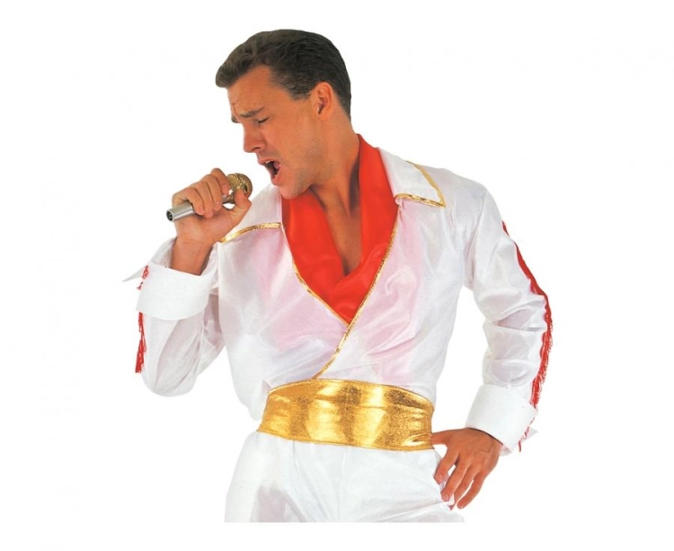 Ikoniczny zestaw Eleganckiego Elvisa dla dorosłych (rozmiar M) z białą koszulą, spodniami, paskiem i chustą, producent Godan, idealny na bale i imprezy Rock'n'Rolla w Tychach – dostępny również do wypożyczenia., chusta), rozm. M