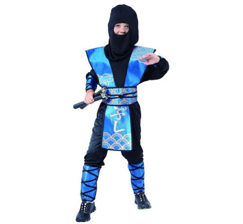 Kompletny strój Ninja Niebieski dla dziecka (rozmiar 120/130 cm) z bluzką, spodniami, kominiarką i osłonami ciała, producent Godan, idealny na Halloween i bale w Tychach – dostępny również do wypożyczenia.