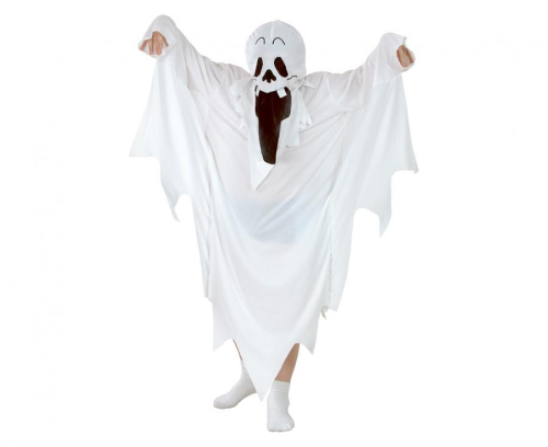 Klasyczny strój "DUCH" dla dziecka (rozmiar 110/120 cm) z długą białą szatą i kapturem, idealny na Halloween i bale w Tychach – dostępny również do wypożyczenia.