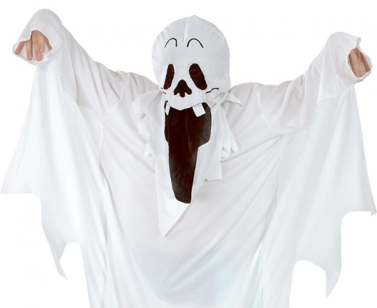 Klasyczny strój "DUCH" dla dziecka (rozmiar 110/120 cm) z długą białą szatą i kapturem, idealny na Halloween i bale w Tychach – dostępny również do wypożyczenia.
