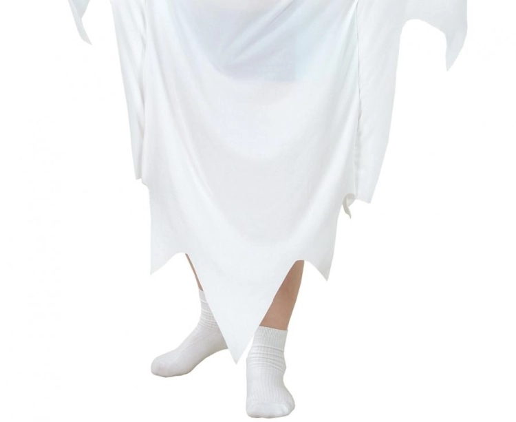 Klasyczny strój "DUCH" dla dziecka (rozmiar 110/120 cm) z długą białą szatą i kapturem, idealny na Halloween i bale w Tychach – dostępny również do wypożyczenia.