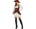 Zadziorny strój Piratki dla dorosłych (rozmiar S) z czerwoną sukienką, pirackim kapeluszem, kamizelką gorsetową i paskiem, producent Godan, idealny na Halloween i bale w Tychach – dostępny również do wypożyczenia.
