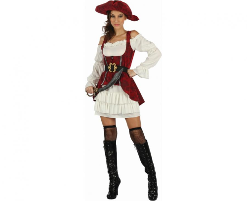 Zadziorny strój Piratki dla dorosłych (rozmiar S) z czerwoną sukienką, pirackim kapeluszem, kamizelką gorsetową i paskiem, producent Godan, idealny na Halloween i bale w Tychach – dostępny również do wypożyczenia.