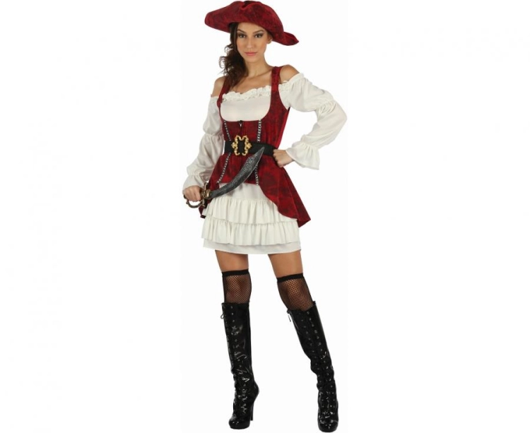 Zadziorny strój Piratki dla dorosłych (rozmiar S) z czerwoną sukienką, pirackim kapeluszem, kamizelką gorsetową i paskiem, producent Godan, idealny na Halloween i bale w Tychach – dostępny również do wypożyczenia.