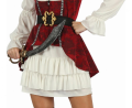 Zadziorny strój Piratki dla dorosłych (rozmiar S) z czerwoną sukienką, pirackim kapeluszem, kamizelką gorsetową i paskiem, producent Godan, idealny na Halloween i bale w Tychach – dostępny również do wypożyczenia.