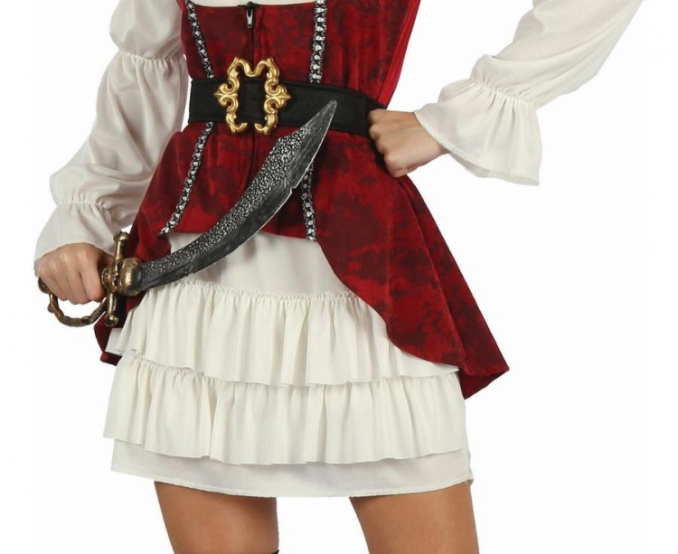 Zadziorny strój Piratki dla dorosłych (rozmiar S) z czerwoną sukienką, pirackim kapeluszem, kamizelką gorsetową i paskiem, producent Godan, idealny na Halloween i bale w Tychach – dostępny również do wypożyczenia.