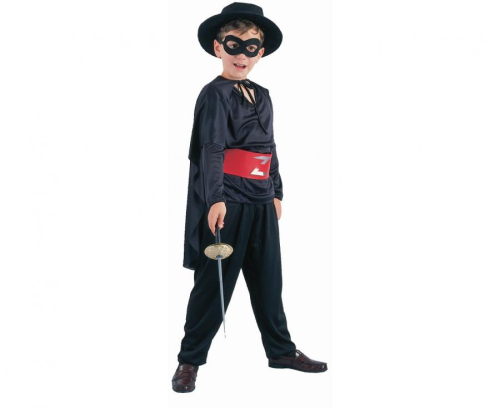 Tajemniczy strój Zamaskowanego Szermierza dla dzieci (rozmiar 120/130 cm) z bluzką, spodniami, peleryną, paskiem i opaską na oczy, producent Godan, idealny na bale, Karnawał i role Zorro w Tychach – dostępny również do wypożyczenia.