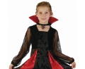 Elegancki strój Diabelska Wampirzyca dla dzieci i młodzieży (rozmiar 130/140 cm) z czerwoną sukienką i wysokim kołnierzem, producent Godan, idealny na Halloween, bale i imprezy gotyckie w Tychach – dostępny również do wypożyczenia.