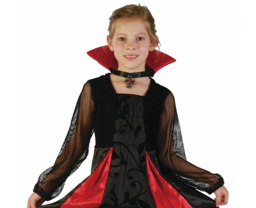 Elegancki strój Diabelska Wampirzyca dla dzieci i młodzieży (rozmiar 130/140 cm) z czerwoną sukienką i wysokim kołnierzem, producent Godan, idealny na Halloween, bale i imprezy gotyckie w Tychach – dostępny również do wypożyczenia.