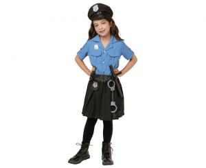 Zestaw dla dzieci Niebieska Policjantka (bluzka, spódnica, pasek, czapka, kajdanki, krótkofalówka, pałka), rozm. 120/130 cm