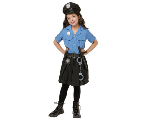 Realistyczny strój Niebieska Policjantka dla dzieci (rozmiar 120/130 cm) z bluzką, spódnicą, paskiem, czapką, krótkofalówką i pałką, producent Godan, idealny na bale, Karnawał i Dzień Zawodów w Tychach – dostępny również do wypożyczenia.