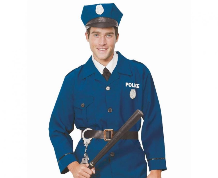 Profesjonalny strój Policjanta dla dorosłych (rozmiar 56) z niebieską marynarką, spodniami, paskiem i czapką, producent Godan, idealny na bale, Karnawał i imprezy tematyczne w Tychach – dostępny również do wypożyczenia.