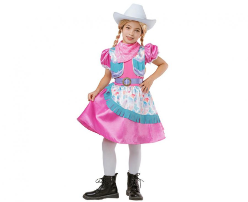 Stylowy strój Eleganckiej Kowbojki dla dziecka (rozmiar 130/140 cm) z czerwoną sukienką, pasem, kapeluszem i chustką, producent Godan, idealny na Halloween i bale w Tychach – dostępny również do wypożyczenia.