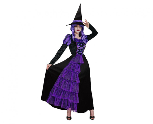 Tajemniczy strój Fioletowej Czarownicy dla dorosłych (rozmiar S) z czarno-fioletową sukienką i kapeluszem, producent Godan, idealny na Halloween i bale magiczne w Tychach – dostępny również do wypożyczenia.