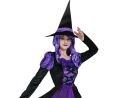 Tajemniczy strój Fioletowej Czarownicy dla dorosłych (rozmiar S) z czarno-fioletową sukienką i kapeluszem, producent Godan, idealny na Halloween i bale magiczne w Tychach – dostępny również do wypożyczenia.