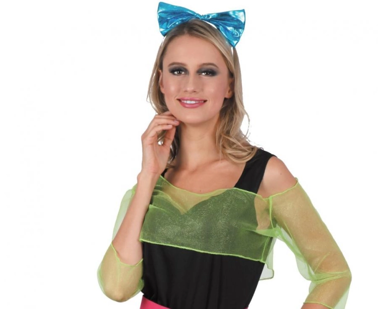 Błyszcząca sukienka Retro Disco dla dorosłych (rozmiar S) z opaską, paskiem, topem i ochraniaczami na nogi, producent Godan, idealna na imprezy lat 70/80 i karnawał w Tychach – dostępna również do wypożyczenia.