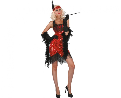Zmysłowy strój Kabaret Czerwony dla dorosłych (rozmiar M) z suknią (ok. 90 cm) i dekoracją na głowę, producent Godan, idealny na bale i imprezy lata 20./burleska w Tychach – dostępny również do wypożyczenia.